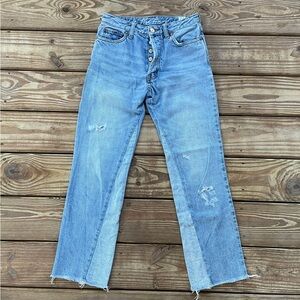 Free People Light Wash Distressed Straight Leg Jeans Raw Hem Size 24